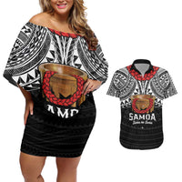 Samoan Tanoa Kava Bowl Ula Fala Couples Matching Off Shoulder Short Dress and Hawaiian Shirt Polynesian Tribal Vibe