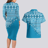 Fiji Marau na Kerisimasi Couples Matching Long Sleeve Bodycon Dress and Hawaiian Shirt Aqua Tagimoucia Tapa Masi Tribal LT9 - Polynesian Pride
