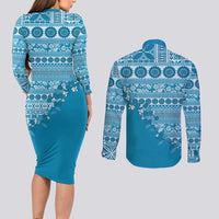 Fiji Marau na Kerisimasi Couples Matching Long Sleeve Bodycon Dress and Long Sleeve Button Shirt Aqua Tagimoucia Tapa Masi Tribal - Polynesian Pride
