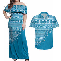 Fiji Marau na Kerisimasi Couples Matching Off Shoulder Maxi Dress and Hawaiian Shirt Aqua Tagimoucia Tapa Masi Tribal - Polynesian Pride