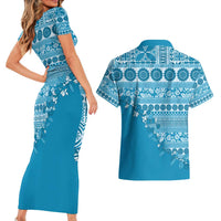 Fiji Marau na Kerisimasi Couples Matching Short Sleeve Bodycon Dress and Hawaiian Shirt Aqua Tagimoucia Tapa Masi Tribal LT9 - Polynesian Pride