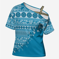 Fiji Marau na Kerisimasi Cross Shoulder Shirt Aqua Tagimoucia Tapa Masi Tribal - Polynesian Pride