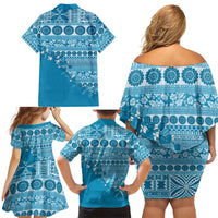 Fiji Marau na Kerisimasi Family Matching Off Shoulder Short Dress and Hawaiian Shirt Aqua Tagimoucia Tapa Masi Tribal - Polynesian Pride