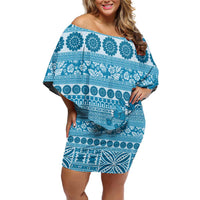 Fiji Marau na Kerisimasi Family Matching Off Shoulder Short Dress and Hawaiian Shirt Aqua Tagimoucia Tapa Masi Tribal - Polynesian Pride