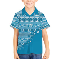 Fiji Marau na Kerisimasi Family Matching Off Shoulder Short Dress and Hawaiian Shirt Aqua Tagimoucia Tapa Masi Tribal LT9 Son's Shirt Aqua - Polynesian Pride