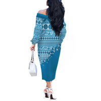 Fiji Marau na Kerisimasi Off The Shoulder Long Sleeve Dress Aqua Tagimoucia Tapa Masi Tribal - Polynesian Pride