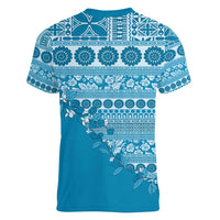 Fiji Marau na Kerisimasi Women V-Neck T-Shirt Aqua Tagimoucia Tapa Masi Tribal - Polynesian Pride