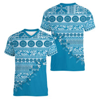 Fiji Marau na Kerisimasi Women V-Neck T-Shirt Aqua Tagimoucia Tapa Masi Tribal - Polynesian Pride