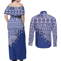 Fiji Marau na Kerisimasi Couples Matching Off Shoulder Maxi Dress and Long Sleeve Button Shirt Blue Tagimoucia Tapa Masi Tribal - Polynesian Pride