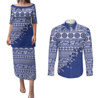 Fiji Marau na Kerisimasi Couples Matching Puletasi and Long Sleeve Button Shirt Blue Tagimoucia Tapa Masi Tribal - Polynesian Pride