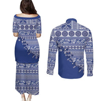 Fiji Marau na Kerisimasi Couples Matching Puletasi and Long Sleeve Button Shirt Blue Tagimoucia Tapa Masi Tribal - Polynesian Pride