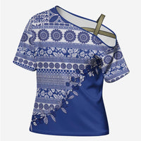 Fiji Marau na Kerisimasi Cross Shoulder Shirt Blue Tagimoucia Tapa Masi Tribal - Polynesian Pride