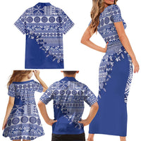 Fiji Marau na Kerisimasi Family Matching Short Sleeve Bodycon Dress and Hawaiian Shirt Blue Tagimoucia Tapa Masi Tribal - Polynesian Pride