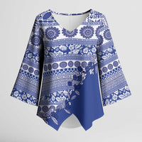 Fiji Marau na Kerisimasi Kimono Sleeve Blouse Blue Tagimoucia Tapa Masi Tribal - Polynesian Pride