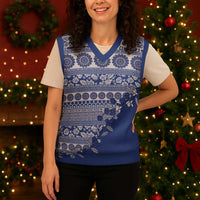 Fiji Marau na Kerisimasi Christmas Knitted V-Neck Vest Blue Tagimoucia Tapa Masi Tribal - Polynesian Pride