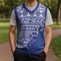 Fiji Marau na Kerisimasi Christmas Knitted V-Neck Vest Blue Tagimoucia Tapa Masi Tribal - Polynesian Pride