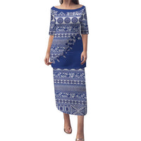 Fiji Marau na Kerisimasi Puletasi Blue Tagimoucia Tapa Masi Tribal LT9 Long Dress Blue - Polynesian Pride