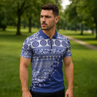 Fiji Marau na Kerisimasi Zipper Polo Shirt Blue Tagimoucia Tapa Masi Tribal - Polynesian Pride