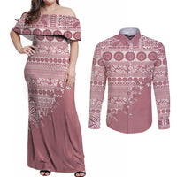 Fiji Marau na Kerisimasi Couples Matching Off Shoulder Maxi Dress and Long Sleeve Button Shirt Dusty Rose Tagimoucia Tapa Masi Tribal - Polynesian Pride