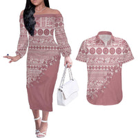 Fiji Marau na Kerisimasi Couples Matching Off The Shoulder Long Sleeve Dress and Hawaiian Shirt Dusty Rose Tagimoucia Tapa Masi Tribal - Polynesian Pride