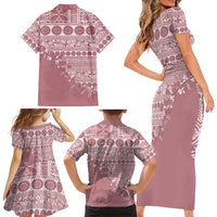 Fiji Marau na Kerisimasi Family Matching Short Sleeve Bodycon Dress and Hawaiian Shirt Dusty Rose Tagimoucia Tapa Masi Tribal - Polynesian Pride