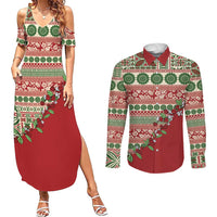 Fiji Marau na Kerisimasi Couples Matching Summer Maxi Dress and Long Sleeve Button Shirt Red Tagimoucia Tapa Masi Tribal LT9 Red - Polynesian Pride