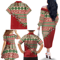 Fiji Marau na Kerisimasi Family Matching Off The Shoulder Long Sleeve Dress and Hawaiian Shirt Red Tagimoucia Tapa Masi Tribal - Polynesian Pride