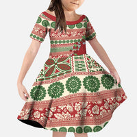 Fiji Marau na Kerisimasi Family Matching Short Sleeve Bodycon Dress and Hawaiian Shirt Red Tagimoucia Tapa Masi Tribal LT9 Daughter's Dress Red - Polynesian Pride