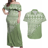 Fiji Marau na Kerisimasi Couples Matching Off Shoulder Maxi Dress and Hawaiian Shirt Sage Green Tagimoucia Tapa Masi Tribal - Polynesian Pride