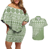 Fiji Marau na Kerisimasi Couples Matching Off Shoulder Short Dress and Hawaiian Shirt Sage Green Tagimoucia Tapa Masi Tribal LT9 Green - Polynesian Pride