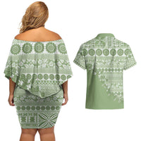 Fiji Marau na Kerisimasi Couples Matching Off Shoulder Short Dress and Hawaiian Shirt Sage Green Tagimoucia Tapa Masi Tribal - Polynesian Pride