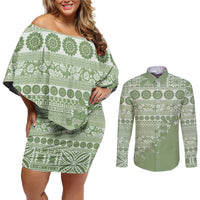 Fiji Marau na Kerisimasi Couples Matching Off Shoulder Short Dress and Long Sleeve Button Shirt Sage Green Tagimoucia Tapa Masi Tribal - Polynesian Pride