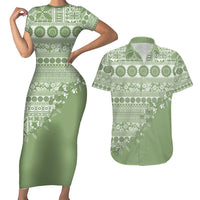 Fiji Marau na Kerisimasi Couples Matching Short Sleeve Bodycon Dress and Hawaiian Shirt Sage Green Tagimoucia Tapa Masi Tribal - Polynesian Pride