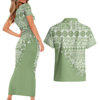 Fiji Marau na Kerisimasi Couples Matching Short Sleeve Bodycon Dress and Hawaiian Shirt Sage Green Tagimoucia Tapa Masi Tribal - Polynesian Pride