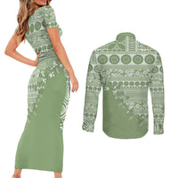 Fiji Marau na Kerisimasi Couples Matching Short Sleeve Bodycon Dress and Long Sleeve Button Shirt Sage Green Tagimoucia Tapa Masi Tribal LT9 - Polynesian Pride