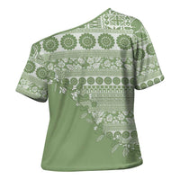 Fiji Marau na Kerisimasi Cross Shoulder Shirt Sage Green Tagimoucia Tapa Masi Tribal - Polynesian Pride