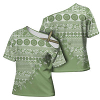 Fiji Marau na Kerisimasi Cross Shoulder Shirt Sage Green Tagimoucia Tapa Masi Tribal - Polynesian Pride