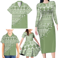 Fiji Marau na Kerisimasi Family Matching Long Sleeve Bodycon Dress and Hawaiian Shirt Sage Green Tagimoucia Tapa Masi Tribal - Polynesian Pride