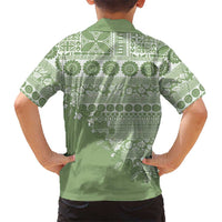 Fiji Marau na Kerisimasi Family Matching Off The Shoulder Long Sleeve Dress and Hawaiian Shirt Sage Green Tagimoucia Tapa Masi Tribal - Polynesian Pride