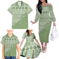 Fiji Marau na Kerisimasi Family Matching Off The Shoulder Long Sleeve Dress and Hawaiian Shirt Sage Green Tagimoucia Tapa Masi Tribal - Polynesian Pride