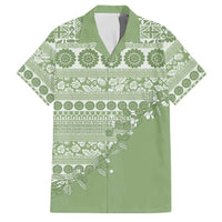 Fiji Marau na Kerisimasi Family Matching Off The Shoulder Long Sleeve Dress and Hawaiian Shirt Sage Green Tagimoucia Tapa Masi Tribal - Polynesian Pride