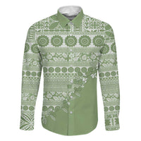 Fiji Marau na Kerisimasi Family Matching Off The Shoulder Long Sleeve Dress and Hawaiian Shirt Sage Green Tagimoucia Tapa Masi Tribal - Polynesian Pride