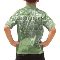 Fiji Marau na Kerisimasi Family Matching Off Shoulder Short Dress and Hawaiian Shirt Sage Green Tagimoucia Tapa Masi Tribal - Polynesian Pride