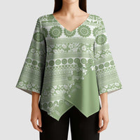 Fiji Marau na Kerisimasi Kimono Sleeve Blouse Sage Green Tagimoucia Tapa Masi Tribal - Polynesian Pride