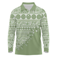 Fiji Marau na Kerisimasi Long Sleeve Polo Shirt Sage Green Tagimoucia Tapa Masi Tribal - Polynesian Pride