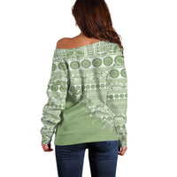 Fiji Marau na Kerisimasi Off Shoulder Sweater Sage Green Tagimoucia Tapa Masi Tribal - Polynesian Pride
