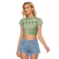 Fiji Marau na Kerisimasi Raglan Cropped T Shirt Sage Green Tagimoucia Tapa Masi Tribal - Polynesian Pride