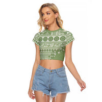 Fiji Marau na Kerisimasi Raglan Cropped T Shirt Sage Green Tagimoucia Tapa Masi Tribal - Polynesian Pride