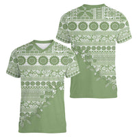Fiji Marau na Kerisimasi Women V-Neck T-Shirt Sage Green Tagimoucia Tapa Masi Tribal - Polynesian Pride