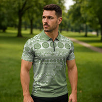 Fiji Marau na Kerisimasi Zipper Polo Shirt Sage Green Tagimoucia Tapa Masi Tribal - Polynesian Pride